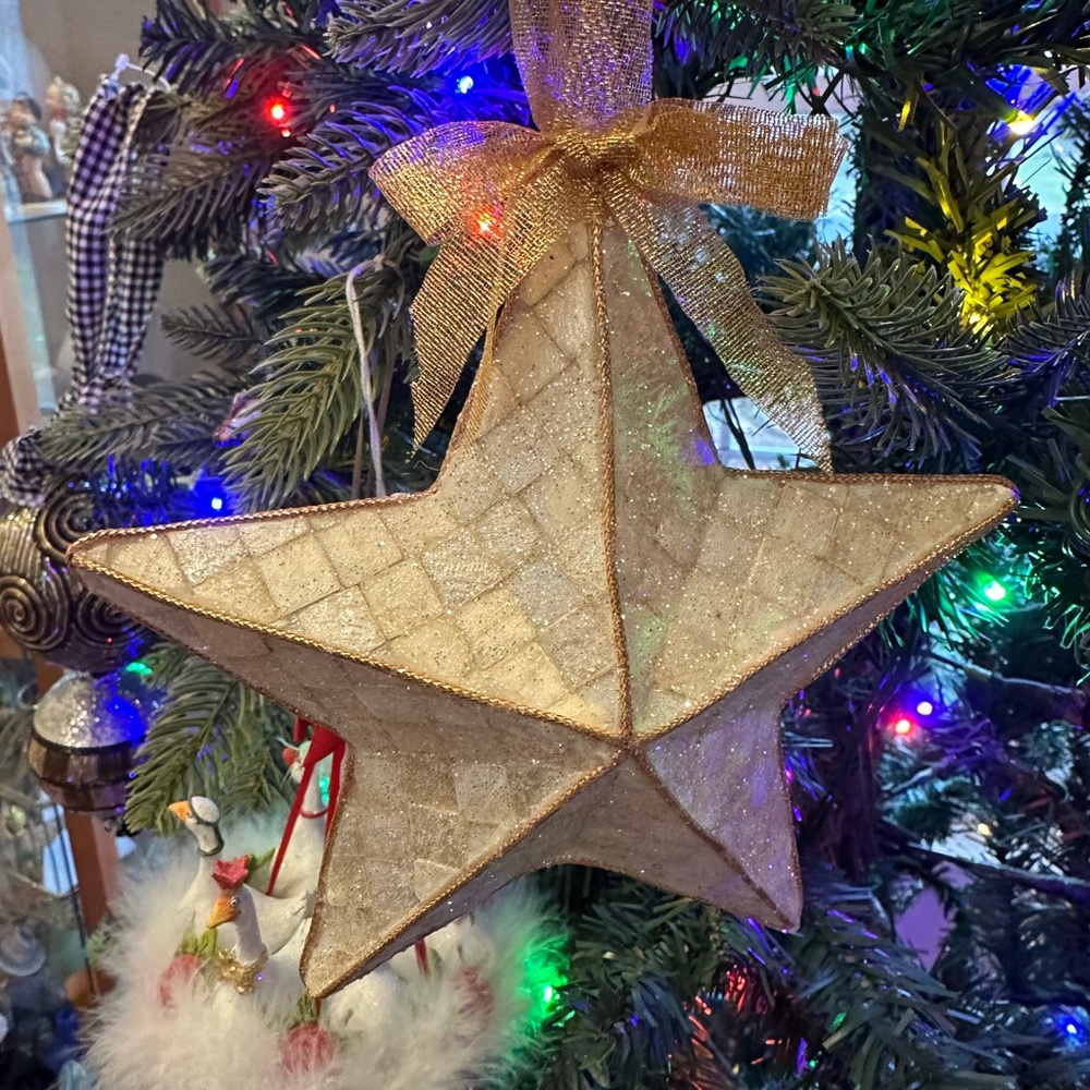 MacKenzie-Childs Gold and Cream Checked Glitter Star Ornament 6"